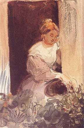 Woman watering plant from the window